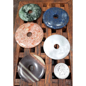 Lot of 5 LG Natural Gemstone Donut Beads Lapis Laz, Agate Pendants Quartz Chakra